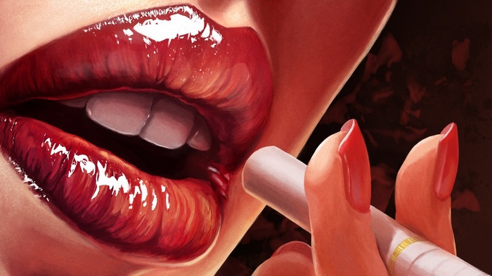 Woman with red lipstick smoking a cigarette