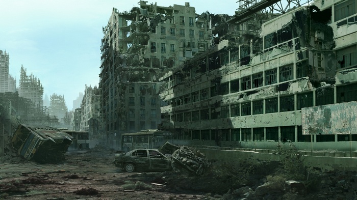 Apocalyptic cityscape with ruined buildings and vehicles