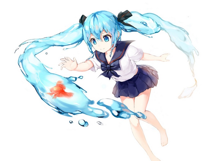 Hatsune Miku with a goldfish in water