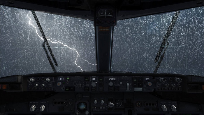Boeing 737 cockpit during a lightning storm