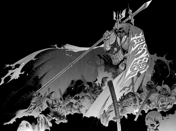 Monochrome warrior with spear and fallen soldiers