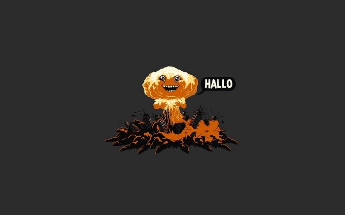 Apocalyptic mushroom cloud with a face saying Hallo