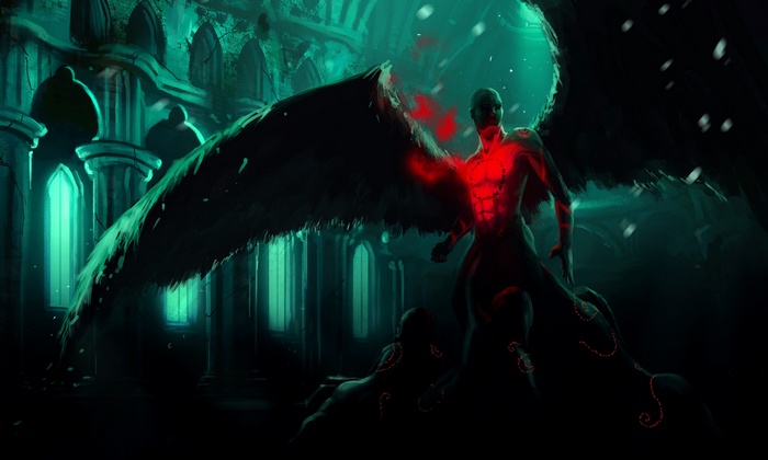 Fantasy art painting of a winged figure with glowing red markings