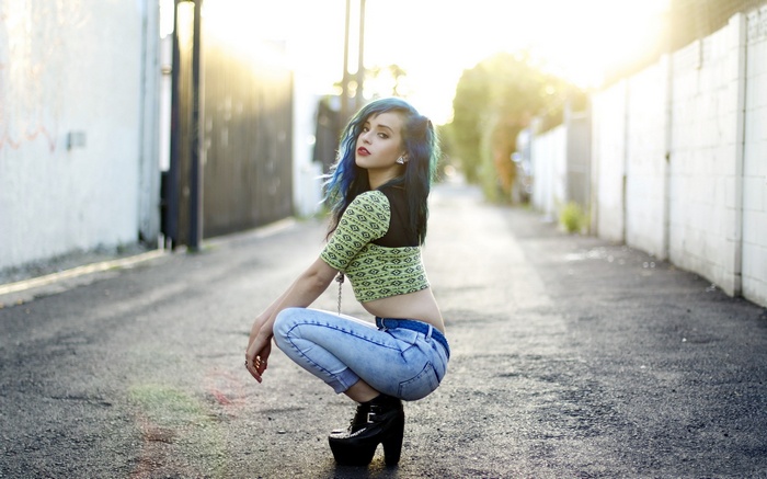 open mouth, Dani Artaud, kneeling, urban, street, women, squatting, high heels, jeans, dyed hair, crop top, long hair, women outdoors, sunlight, blue hair