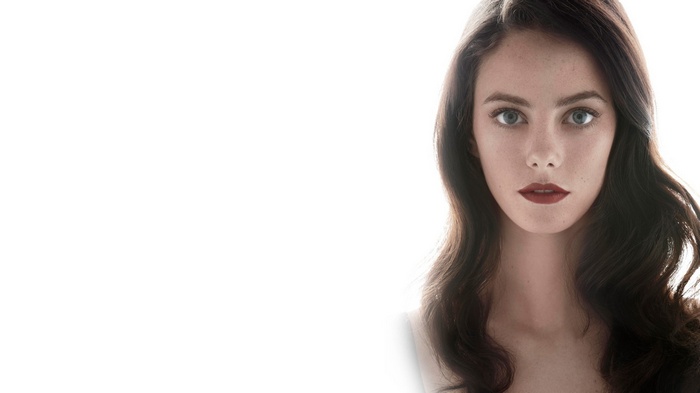 brunette, women, Kaya Scodelario, simple background, portrait, blue eyes, face, white  background