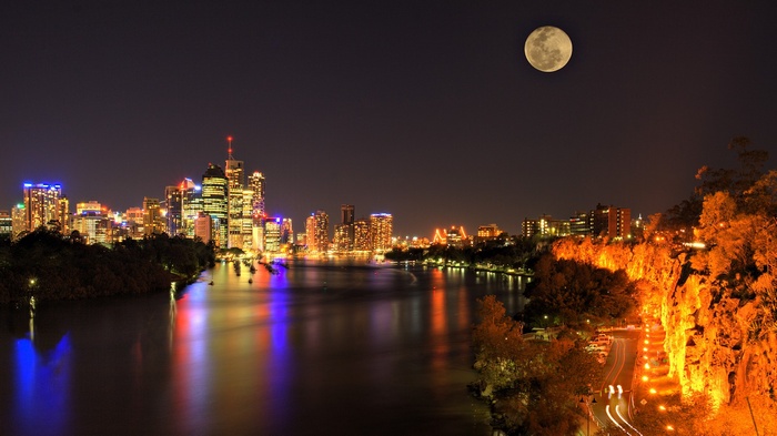 Australia, lights, night, Brisbane, building, river, Moon, cityscape