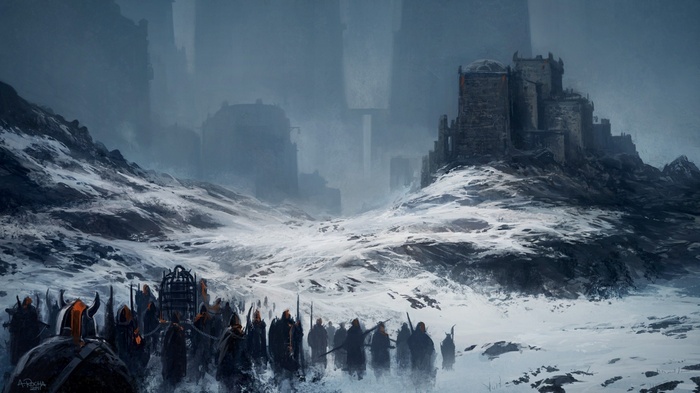 Fantasy art of a castle in a snowy landscape