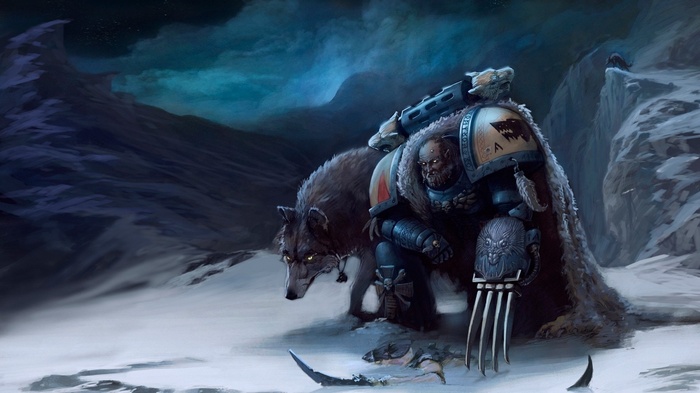 Space Wolf and wolf in snowy mountains