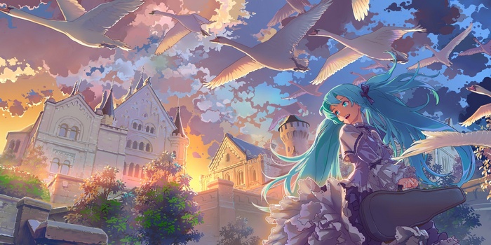 Hatsune Miku and Swans near a Castle