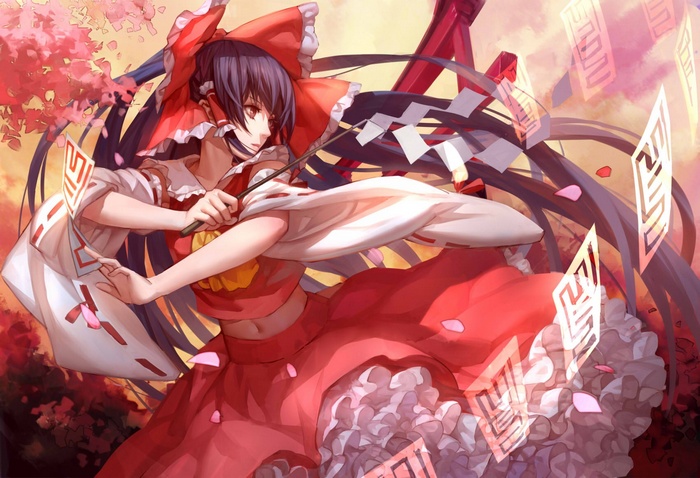 Touhou, navels, anime, Hakurei Reimu, anime girls, red ribbon