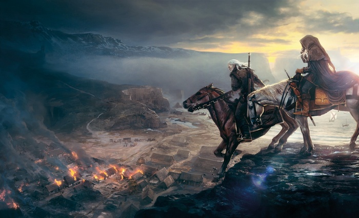 Geralt and companion on horseback overlooking burning village