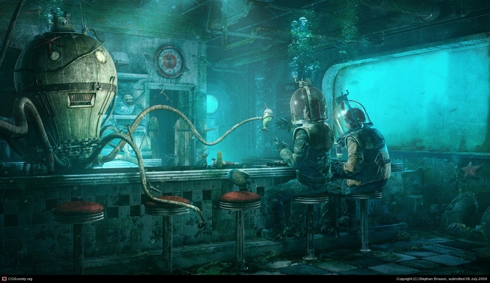 Underwater restaurant with divers and octopus-like machine