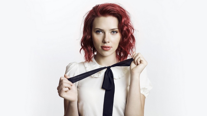 Scarlett Johansson with red hair and black bow