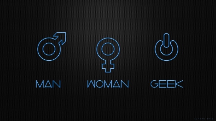 Man, Woman, and Geek symbols on a dark background