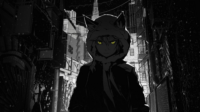 CGI City Yellow Eyes Cat Girl Street Nekomimi ArseniXC Monochrome Selective Coloring Anime Girls
