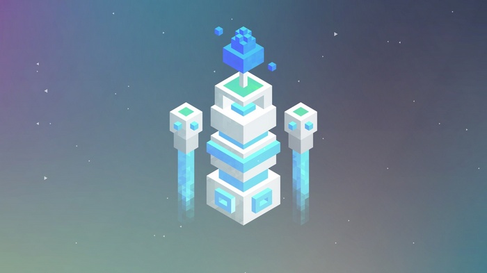 Digital art of a Trixel structure with blue and white blocks