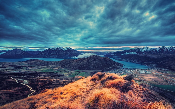 Overcast evening over mountains and lake in New Zealand