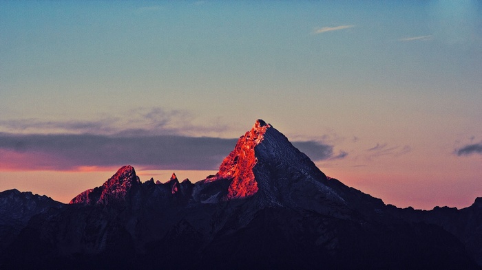 Mountains bathed in the warm glow of sunset