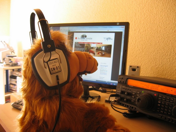 Alf wearing headphones in front of a computer