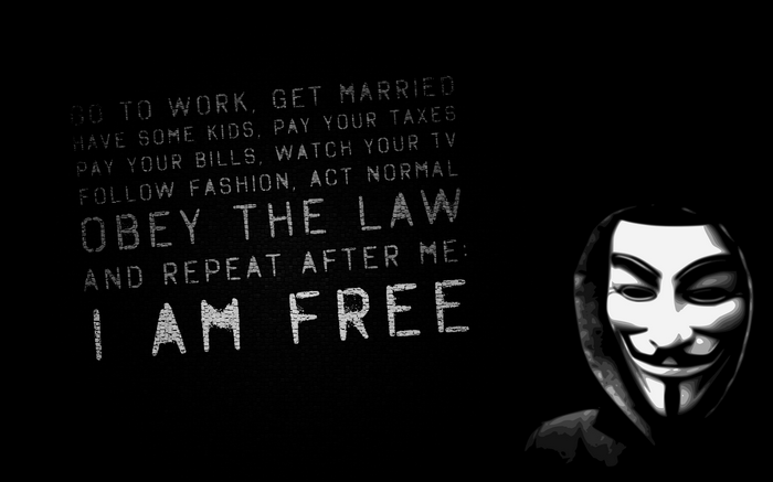 Anonymous mask with text about freedom and law