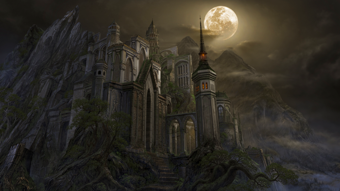 Fantasy castle on a rocky mountain under a full moon