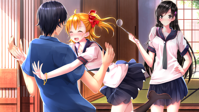 Anime girls in school uniforms in a room