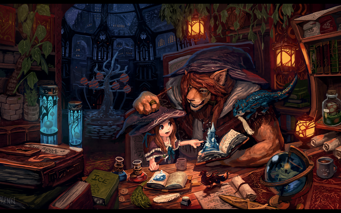 Girl and Lion-like creature in a magical library