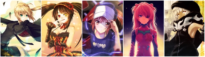 Anime Girls Collage: Saber, Tokisaki Kurumi, Misaka Mikoto, Asuka Langley Soryu