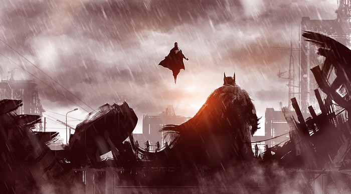 Superman and Batman in a ruined city during rain