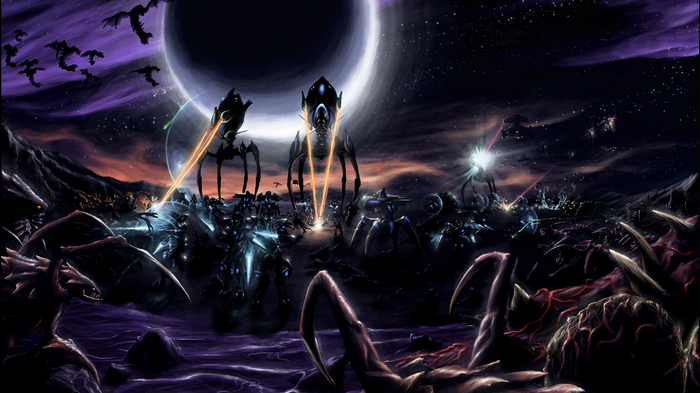 Starcraft II Protoss and Zerg battle under a large moon