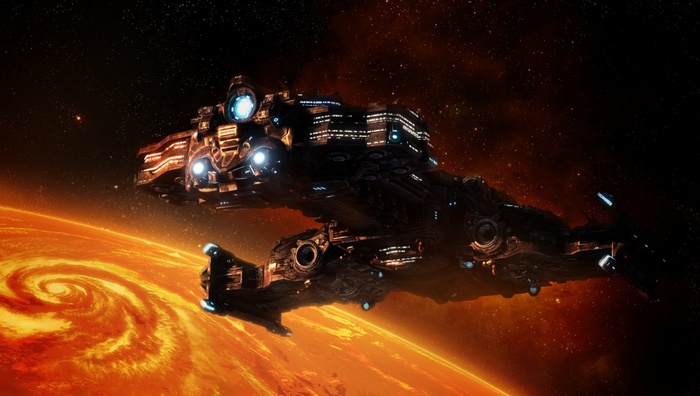 StarCraft II Battlecruiser over a swirling orange planet