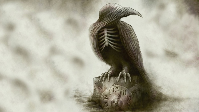 In Flames fantasy art of a skeletal bird on a clock