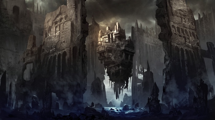 Fantasy art of a ruined floating island and ancient structures