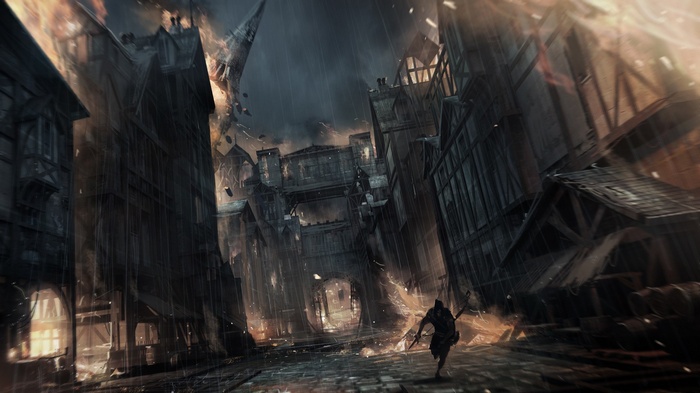 Thief character in a burning city