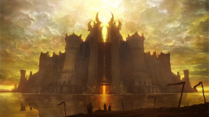 Fantasy castle with golden light and reflections