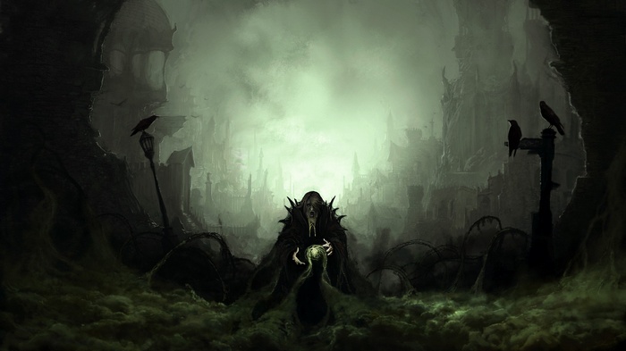 Raven Dark Witch Old People Fantasy Art Beards Bricks Necromancers Dark Fantasy Digital Art Mist Wizard Ruin Spooky Artwork