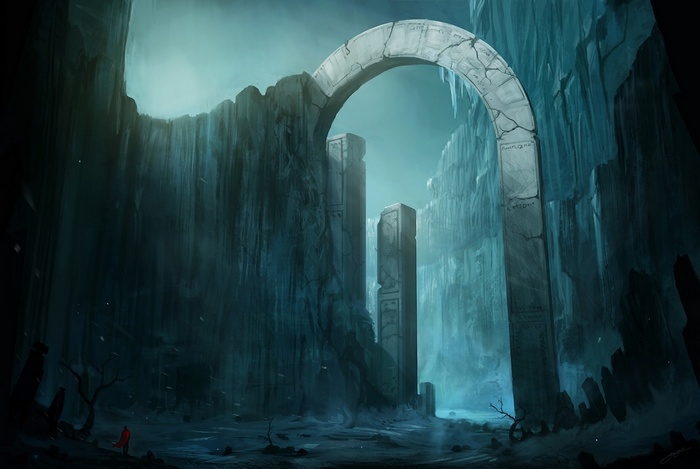 Fantasy art of an ancient stone archway in a frozen canyon
