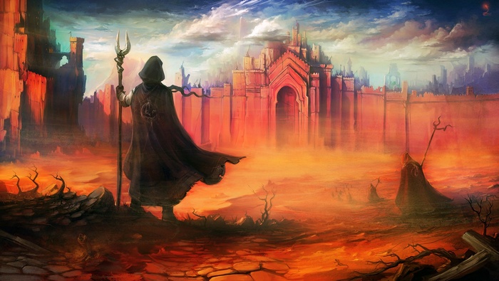 Pilgrims in a fantasy desert city