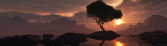 Digital art landscape at dusk with a lone tree