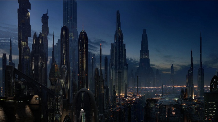 Star Wars Coruscant cityscape at dusk