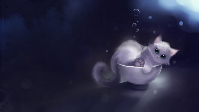 White cat in a bowl with bubbles