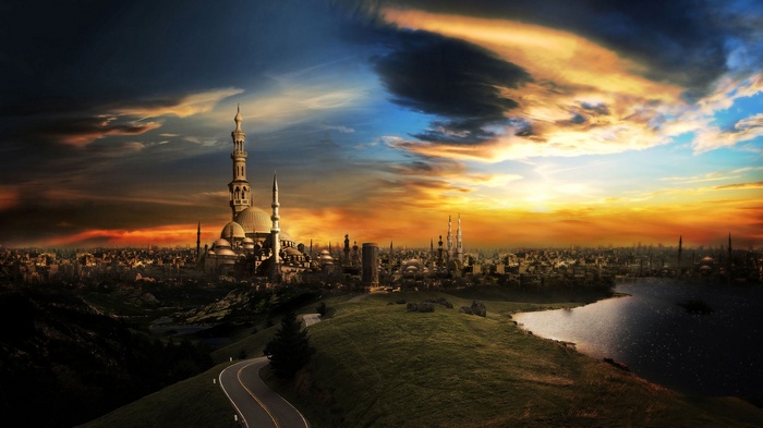 Fantasy cityscape with mosque at sunset