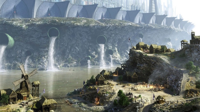 Fantasy village with waterfalls and futuristic city