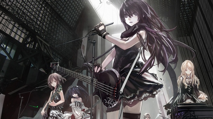 Anime band performing on stage with instruments