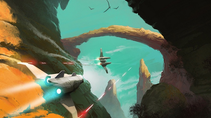 No Man's Sky spaceships flying through rocky canyon