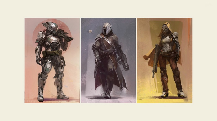 Destiny video game character concept art collage