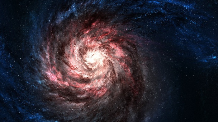 Spiral galaxy in deep space with nebulae