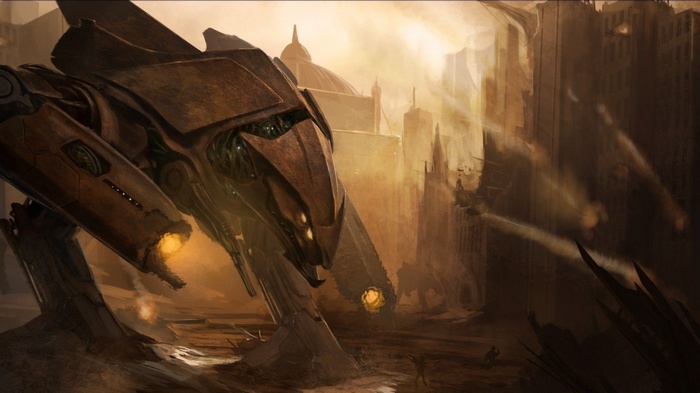 Futuristic robot in a war-torn city concept art