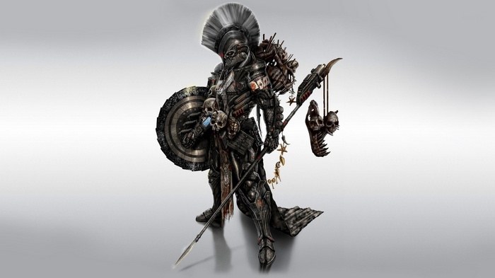 Fantasy warrior with shield and spear adorned with skulls