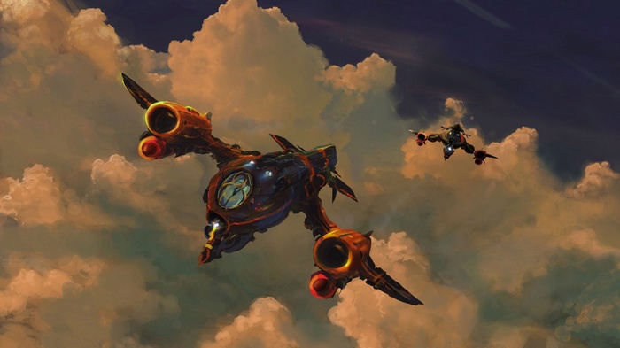 Two spaceships flying through clouds